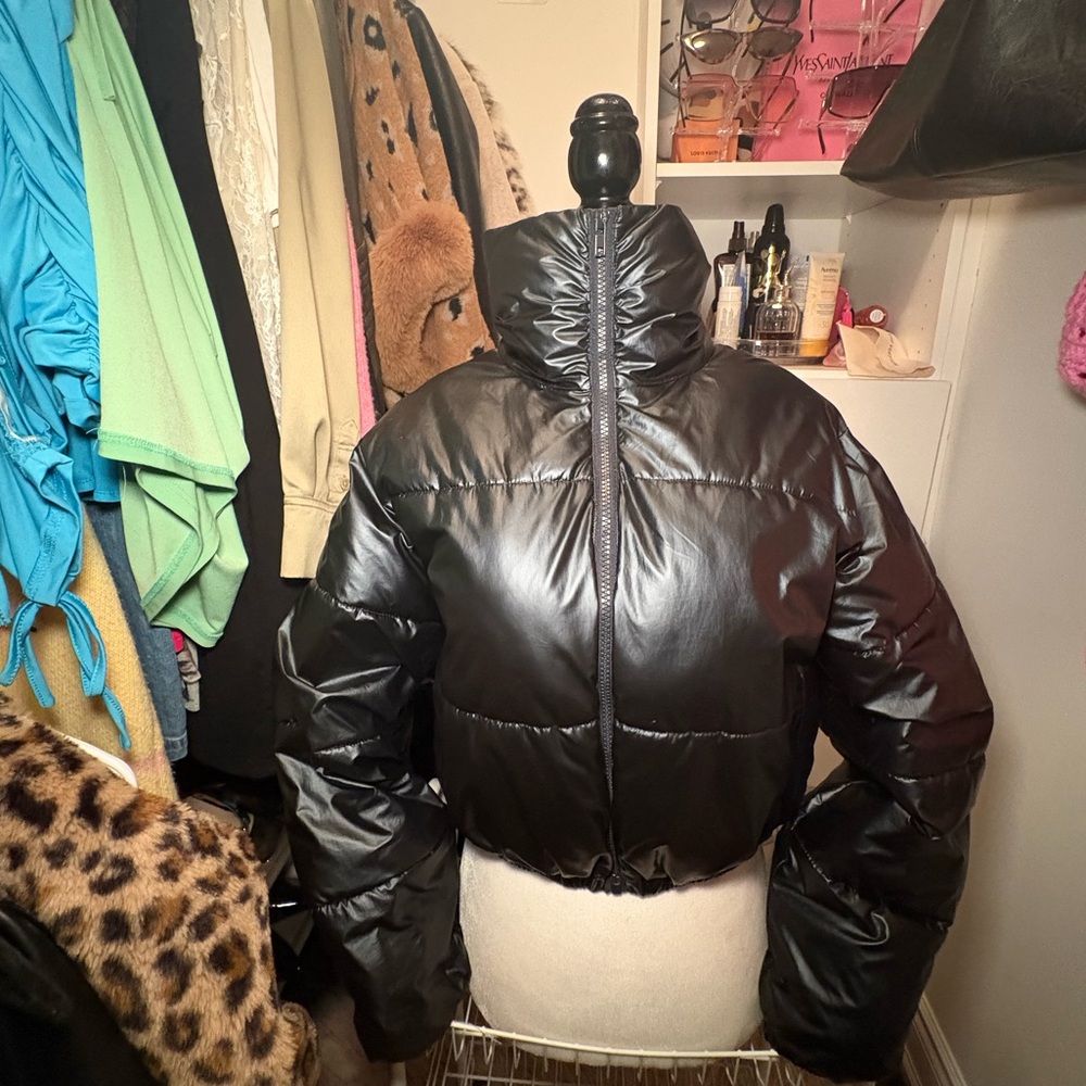 Black Shiny Faux Leather Puffer